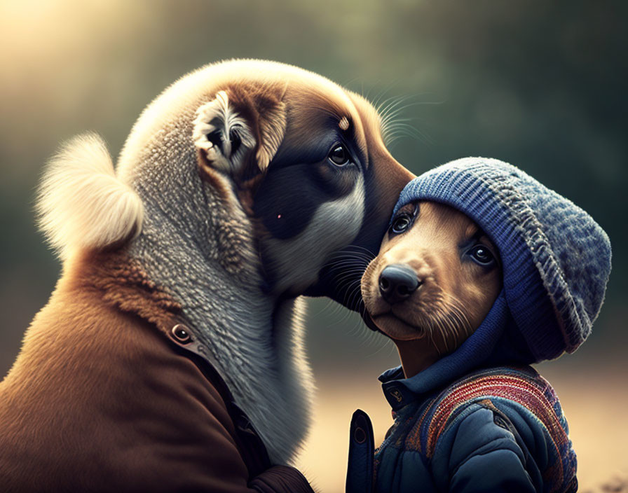 Brown Puppy in Blue Knit Hat Cuddling with Tan Dog