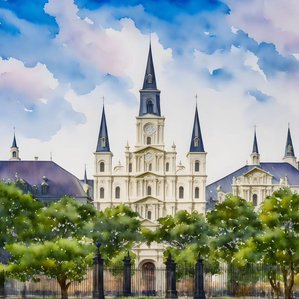 Historic cathedral with white facade and three spires behind wrought-iron fence and green trees under cloudy