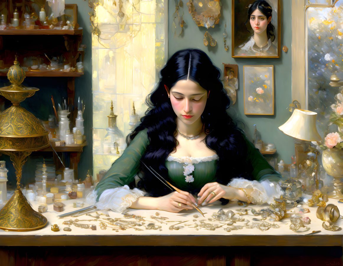 Dark-haired woman in green dress crafting jewelry at cluttered table