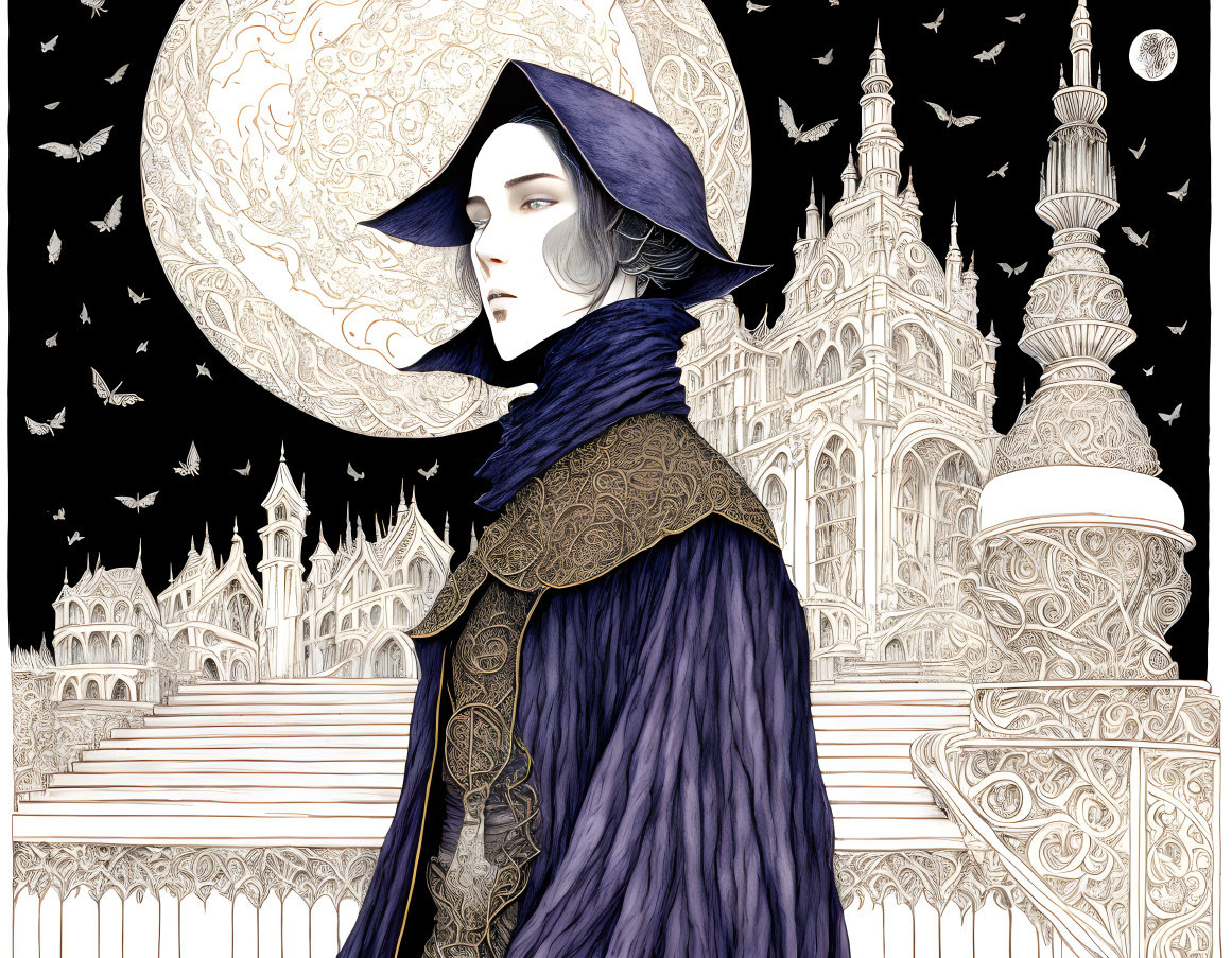 Detailed gothic architecture illustration with woman in wide-brimmed hat and bats.