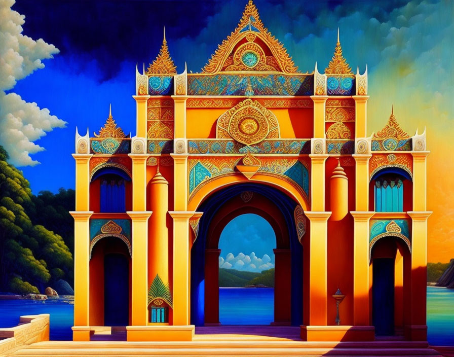 Colorful Temple with Archways and Intricate Designs Under Vibrant Sky