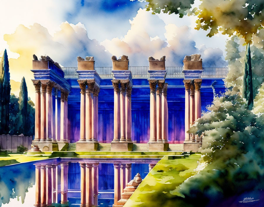 Classical colonnade watercolor painting with lush greenery and twilight sky