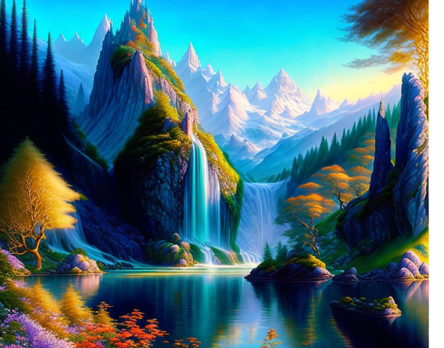 Scenic landscape with waterfall, mountains, greenery, and flowers