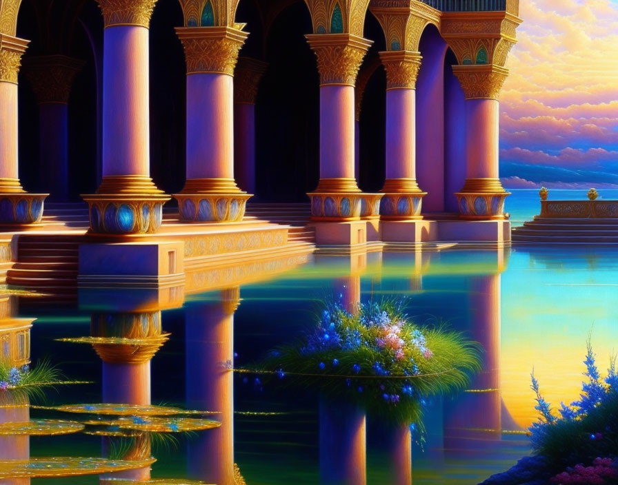 Vividly colored pillars in serene fantasy landscape