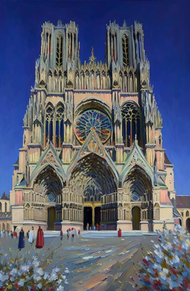 Gothic Cathedral Painting with Rose Window & Spire