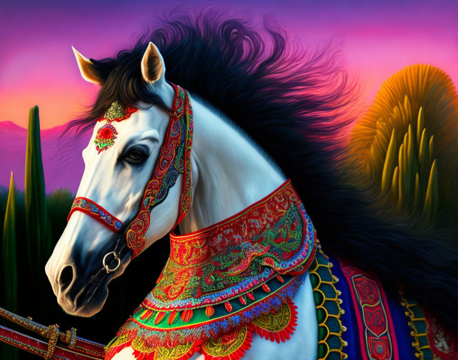 Majestic horse with red and gold tack in vibrant sunset.