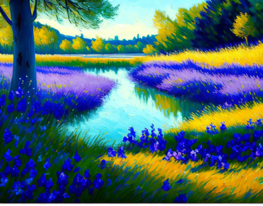 Scenic landscape painting with river, trees, and purple flowers