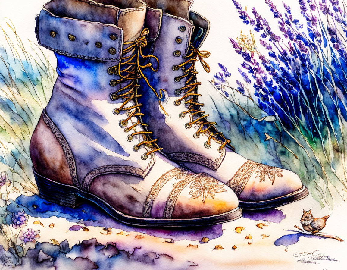 Watercolor Painting of Lace-Up Boots with Bird and Lavender Flowers