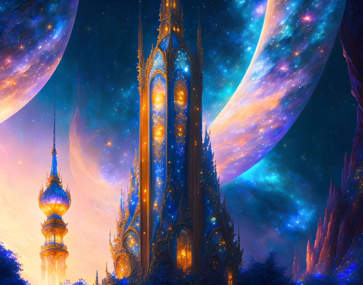 Fantastical city with luminescent towers under otherworldly sky