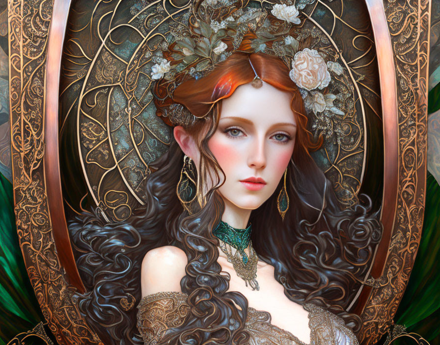 Portrait of a Woman with Brown Hair, White Flowers, and Gold Jewelry