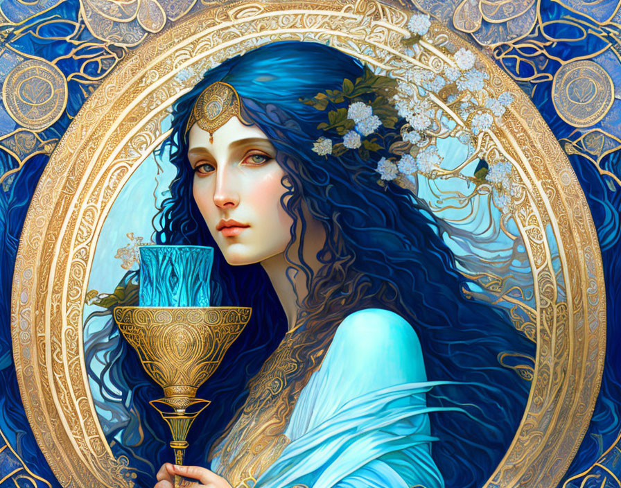 Illustrated woman with blue flowing hair holding a golden chalice in intricate gold and blue patterns