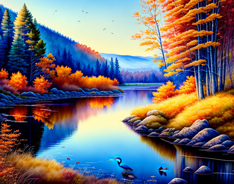 Scenic autumn landscape with fiery foliage, serene lake, evergreens, and wildlife