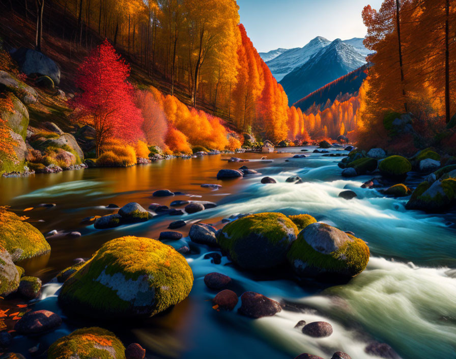 Scenic autumn landscape by peaceful river with vibrant colors