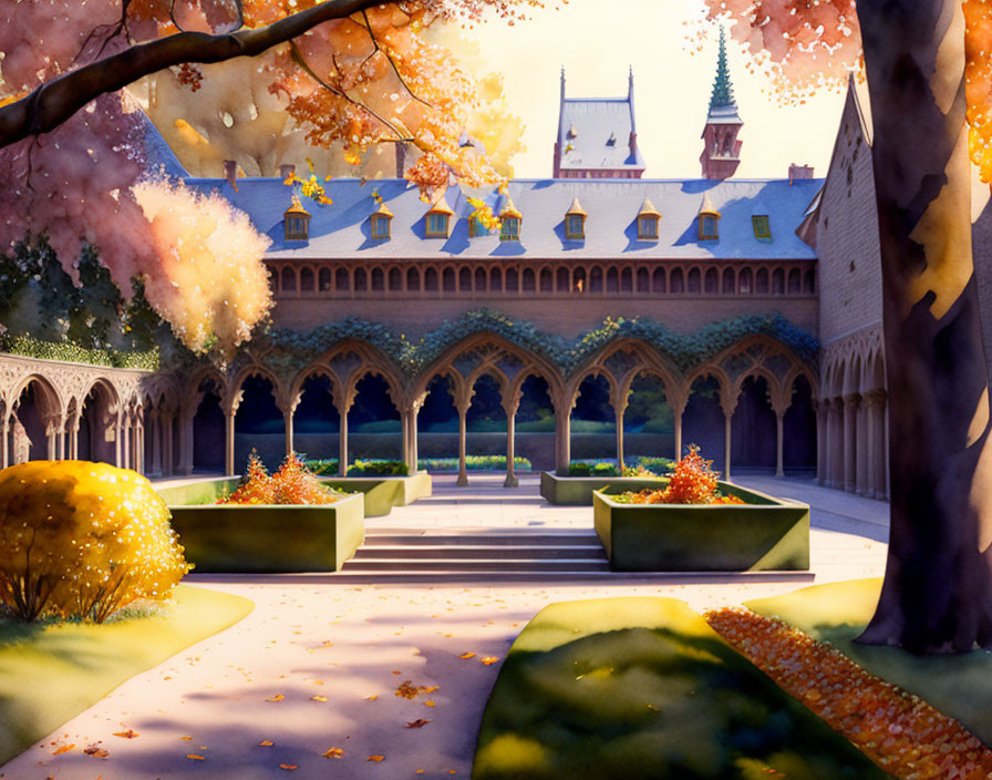 Tranquil courtyard with Gothic arches and blossoming trees in warm sunlight