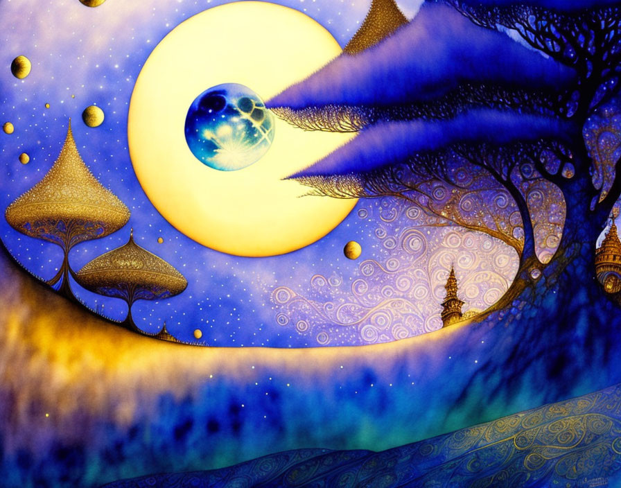 Colorful surreal artwork: night scene with moon, dragon silhouettes, fantasy trees, and star
