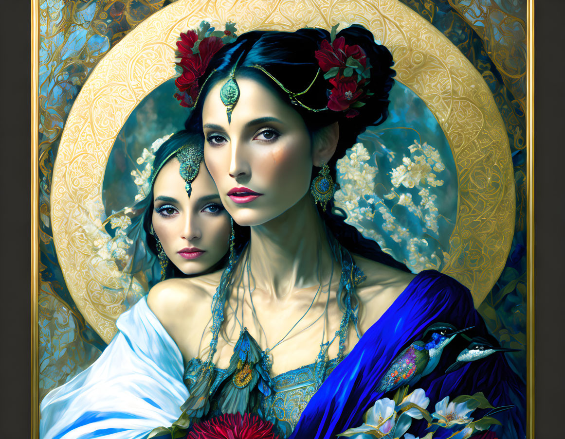 Two women in ornate headpieces and jewelry against a golden floral backdrop with a blue peacock.