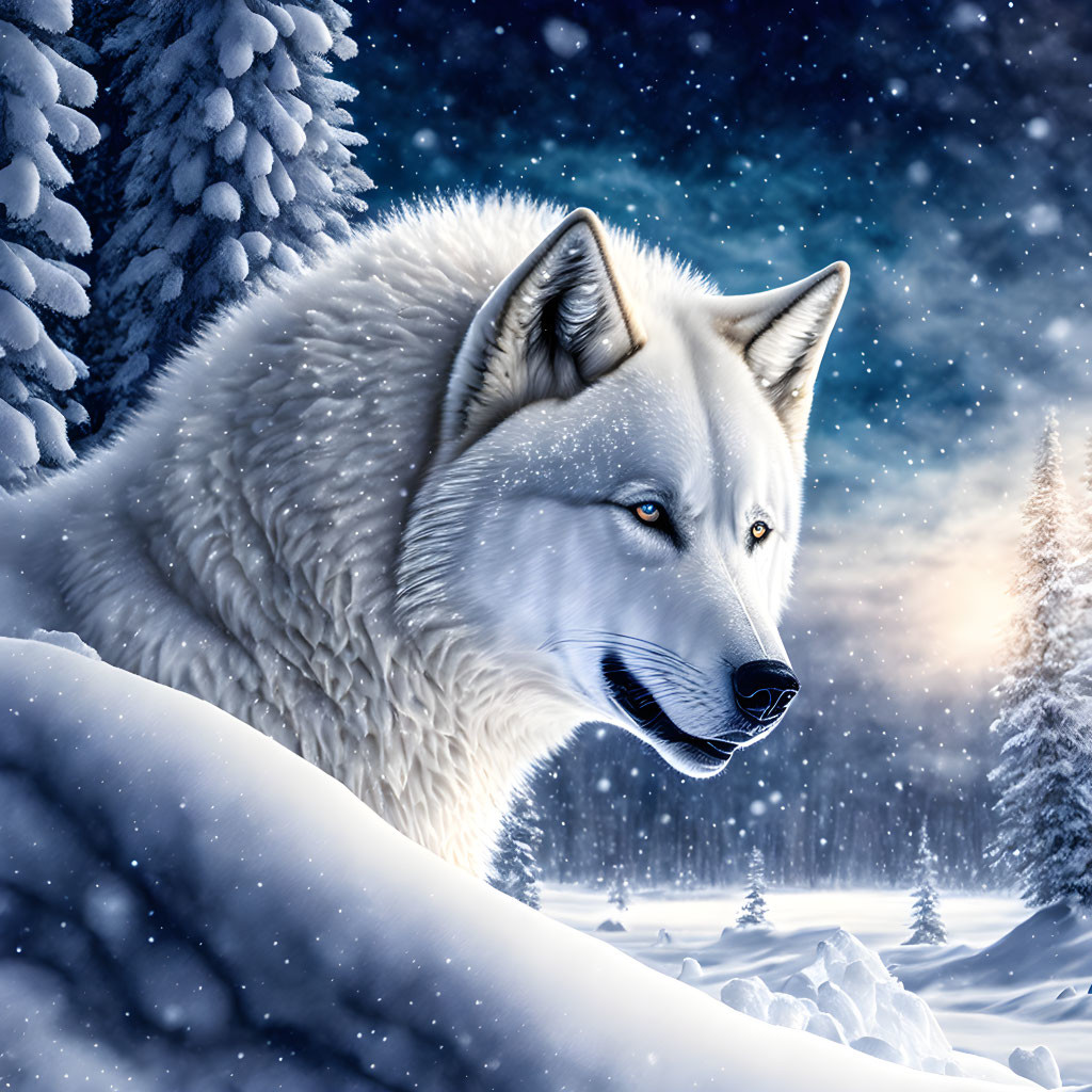 White Wolf in Snowy Forest Under Starry Night Sky