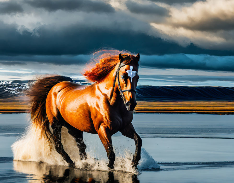 Chestnut horse with flowing mane running in water under dramatic sky