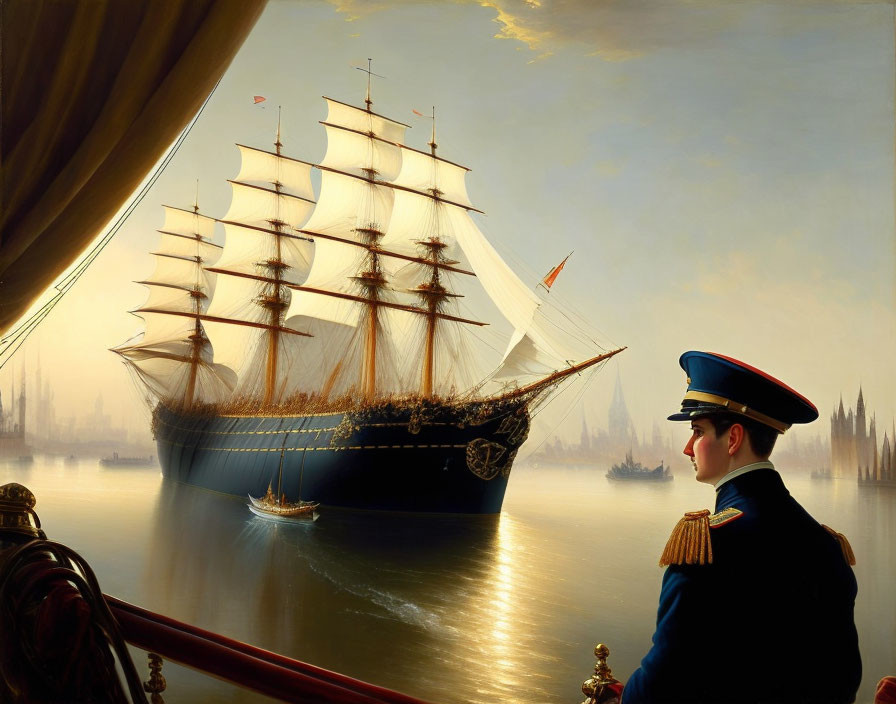 Naval officer observing sailing ships in harbor under golden sky