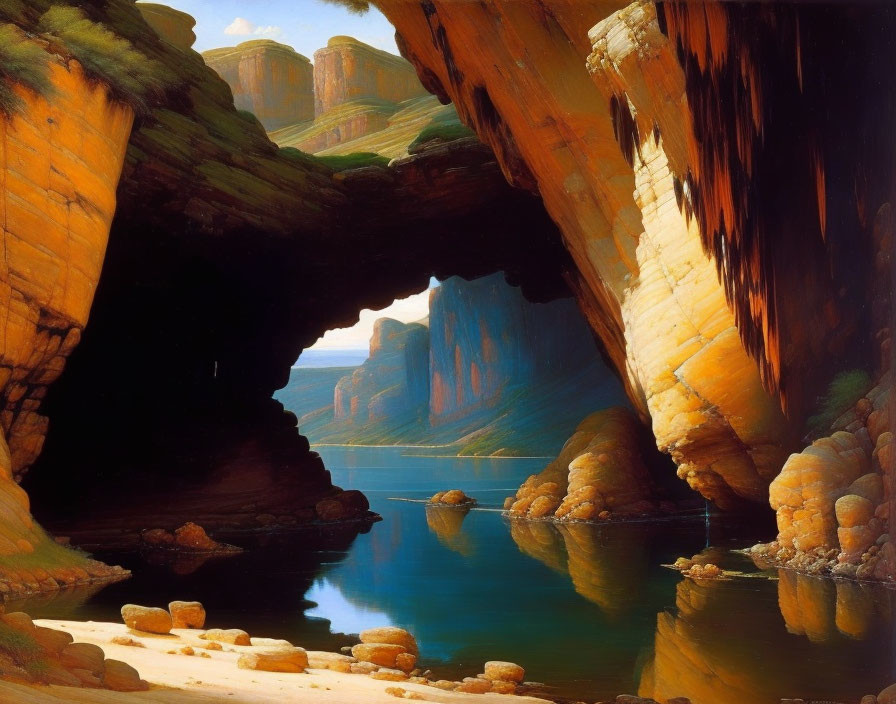 Sunlit canyon painting with arches reflected in water