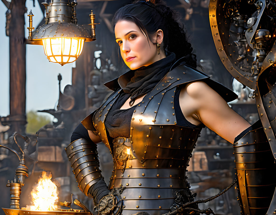 Steampunk-themed woman with leather corset and shoulder armor in mechanical setting