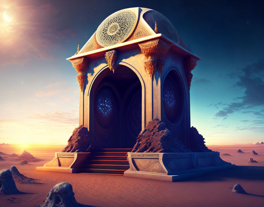 Architectural marvel with intricate designs in desert twilight.