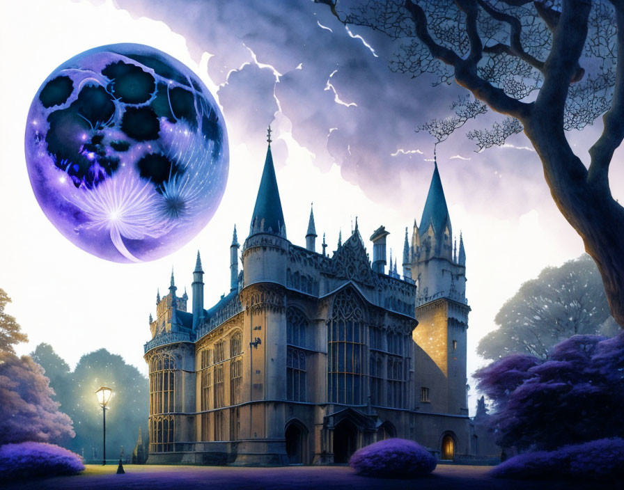 Fantasy castle twilight scene with giant purple orb and lightning.