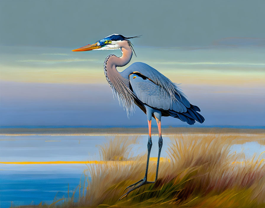 Great Blue Heron in Serene Wetland Landscape with Soft Lighting