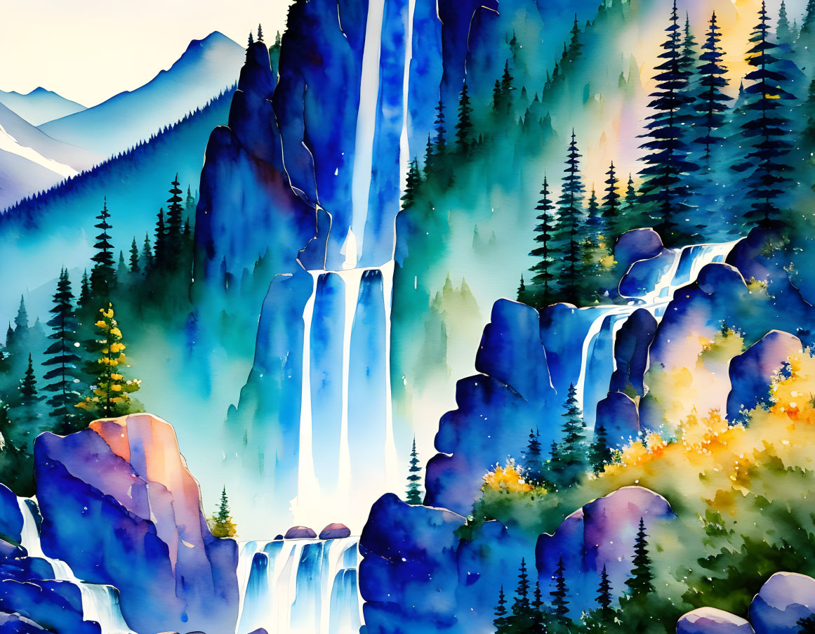 Vibrant Watercolor Landscape with Waterfalls, Pine Trees, and Blue Mountains