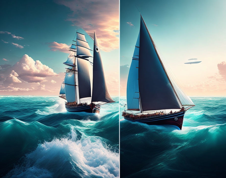 Sailing ships with large sails on the open sea - Waves and cloudy sky