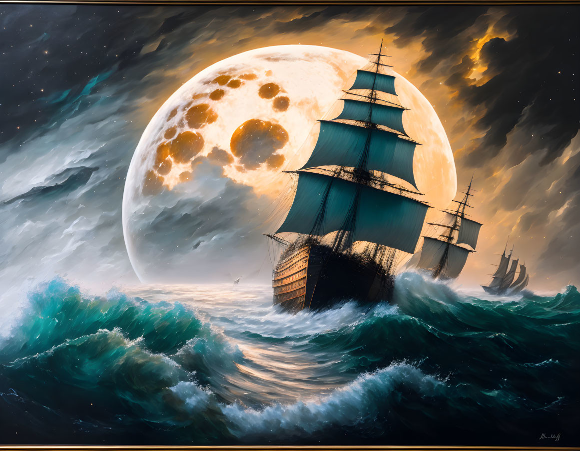 Sailship sailing under colossal moon in starlit sky