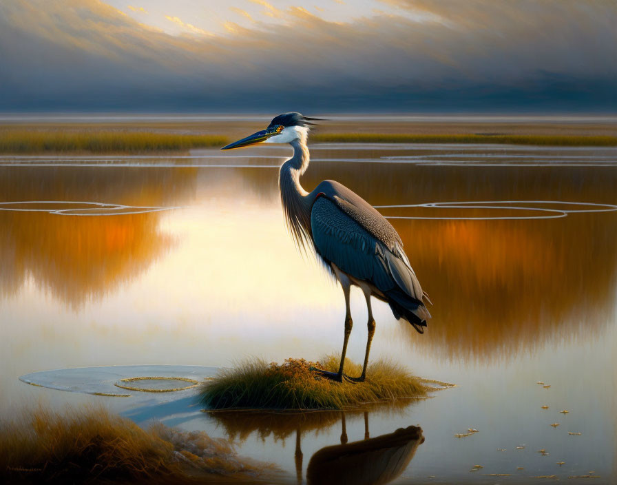 Majestic heron in golden light on serene waters