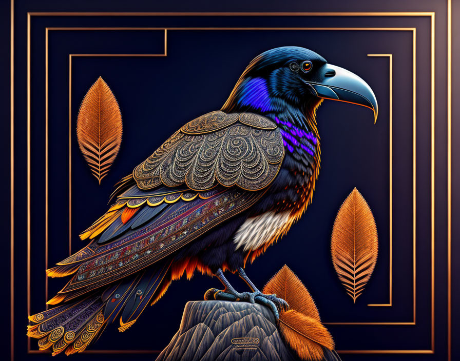 Colorful digital artwork of a raven on a stump with ornate feathers and gold leaf designs on