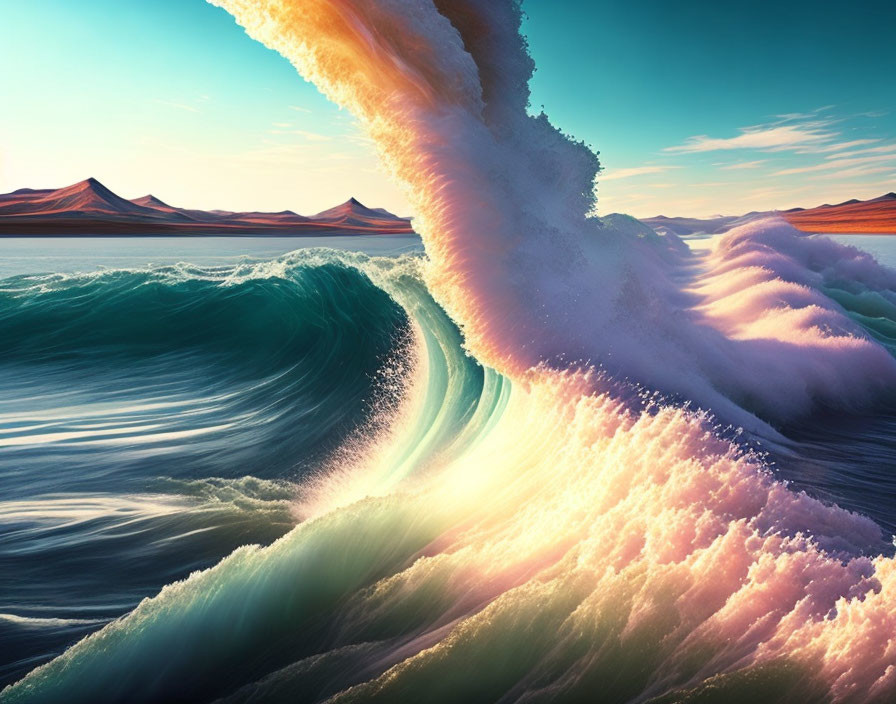 Composite Image: Surreal Waves Against Desert Dunes at Sunset