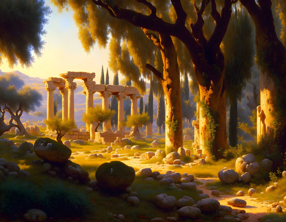 Ancient ruins in serene natural setting with golden sunlight.