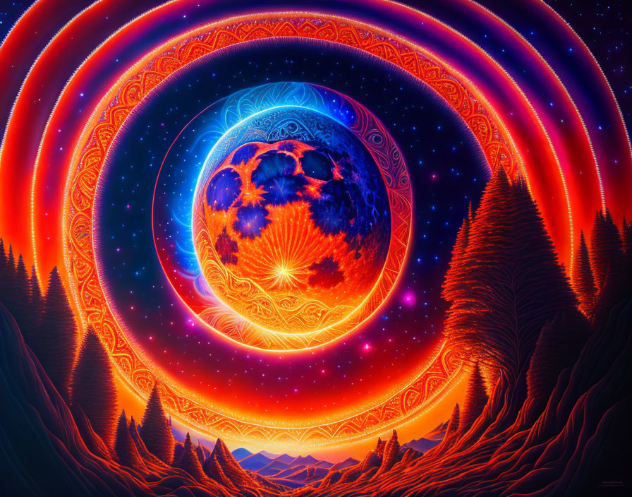 Surreal digital artwork: Glowing moon in fiery landscape