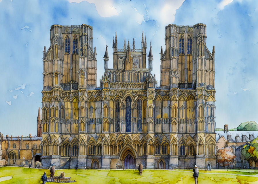 Illustration of grand Gothic cathedral with ornate facades and flying buttresses against blue sky