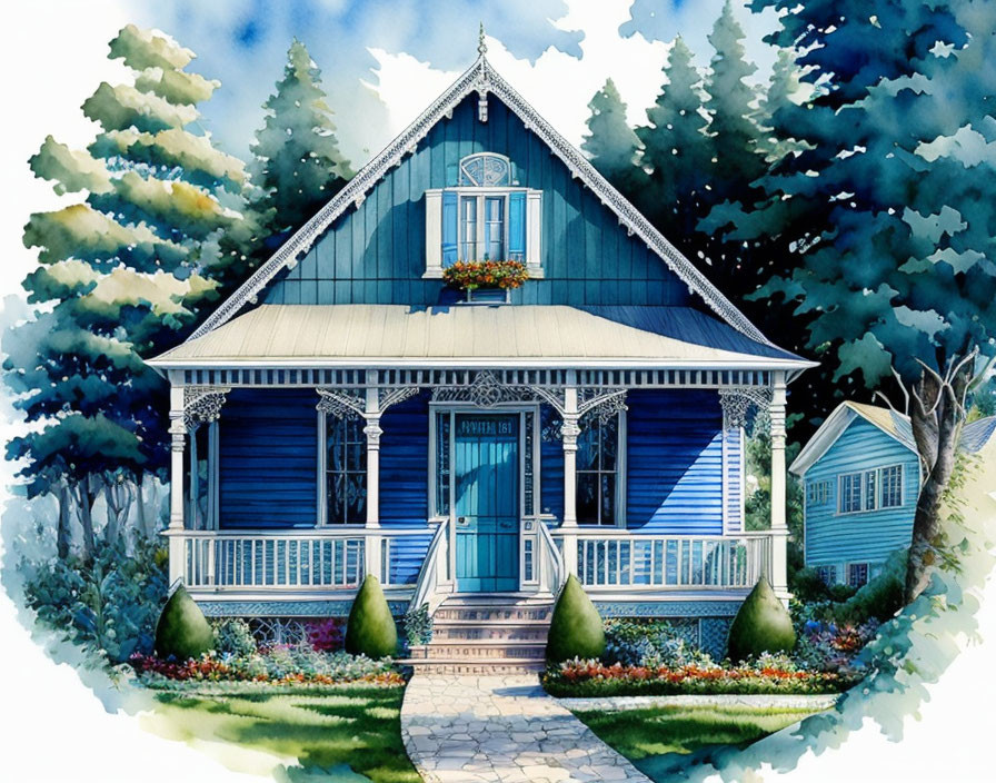 Blue Cottage with Porch Surrounded by Trees and Flowers