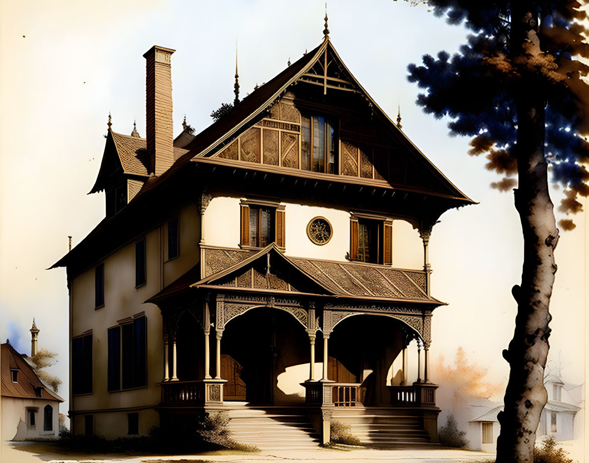 Victorian-style house with ornate trims, gabled roof, round upper window, porches