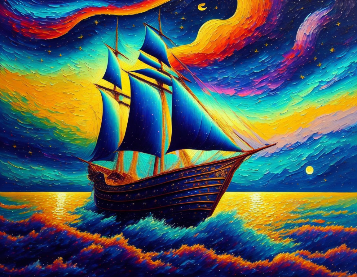 Vibrant sailing ship painting on swirling starry sea