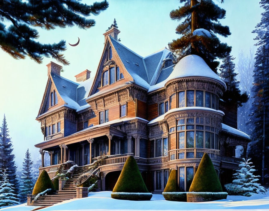 Victorian Mansion in Snowy Twilight with Crescent Moon