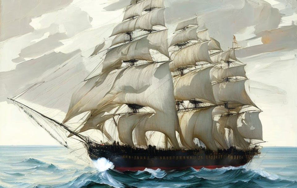 Tall ship with multiple unfurled sails on the ocean waves