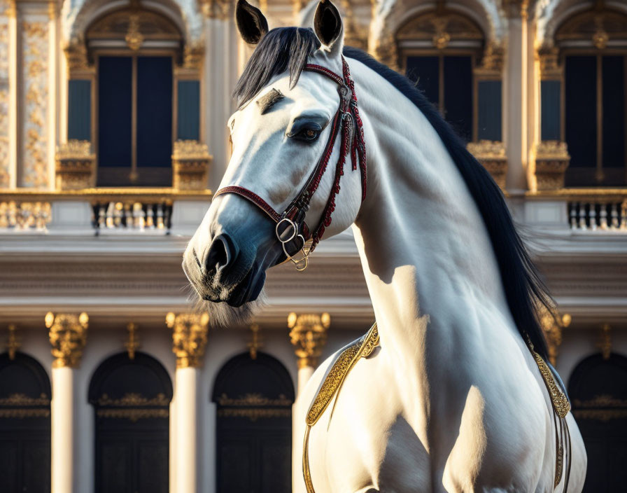 White Horse with Black Mane and Red Halter in Front of Ornate Building Facade