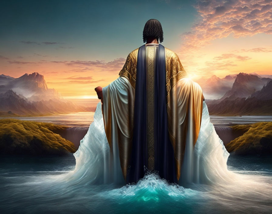 Majestic figure in flowing robes at waterfall confluence, surreal sunset landscape