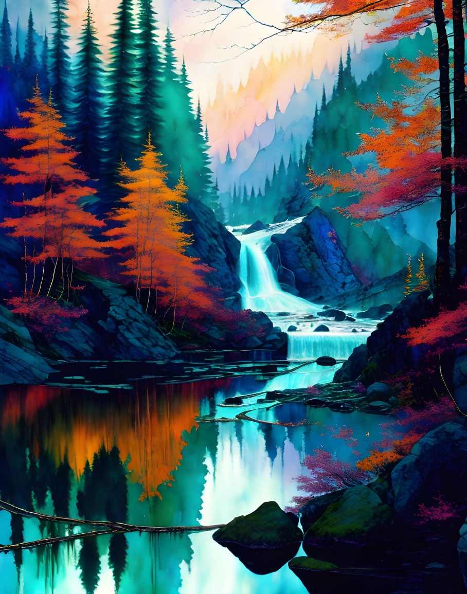 Colorful Autumn Forest with Waterfall and River Scenery