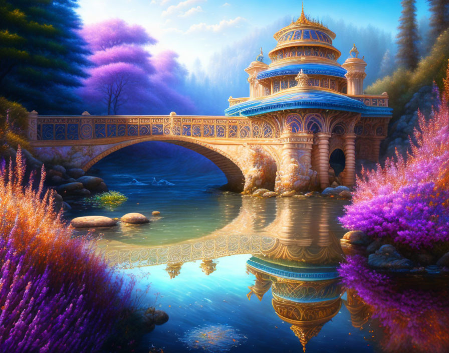 Golden bridge over purple foliage to ornate domed structure