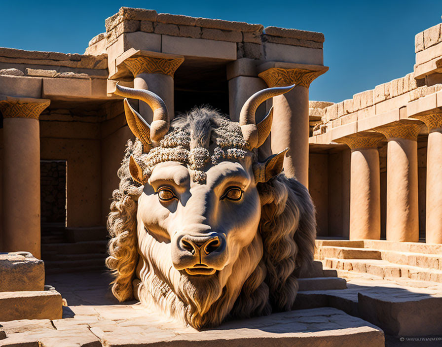 Intricately detailed ram's head sculpture at ancient temple.