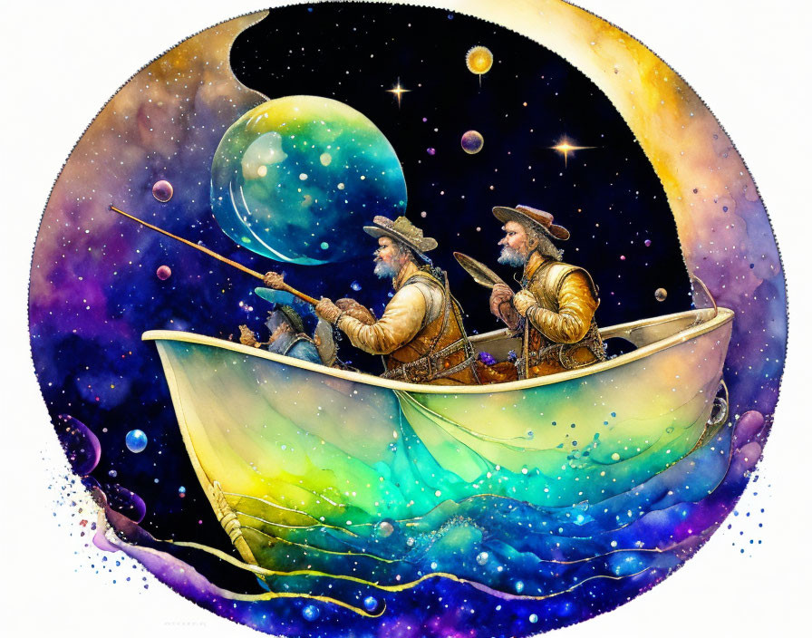 Fishermen in boat under celestial sky with planets and stars fishing in cosmic waters