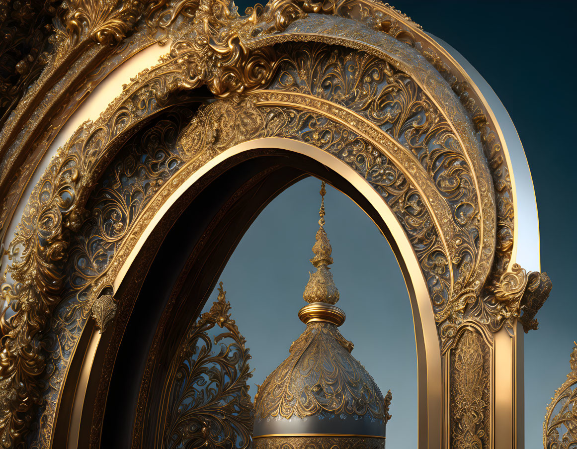 Golden ornate arch with baroque designs and decorative finial against blue sky