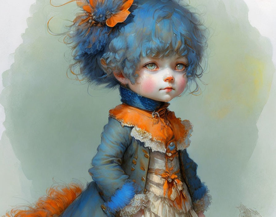 Child with Large Eyes and Blue Hair in Ornate Orange and Blue Outfit